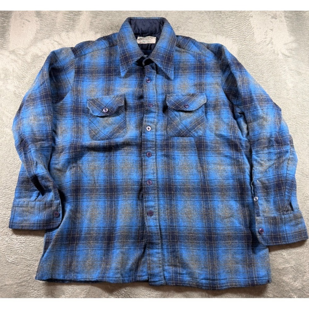 Vtg Kmart Wool Flannel Shirt Men XL Blue Plaid Lined Shacket Korea‎ 70s 80s